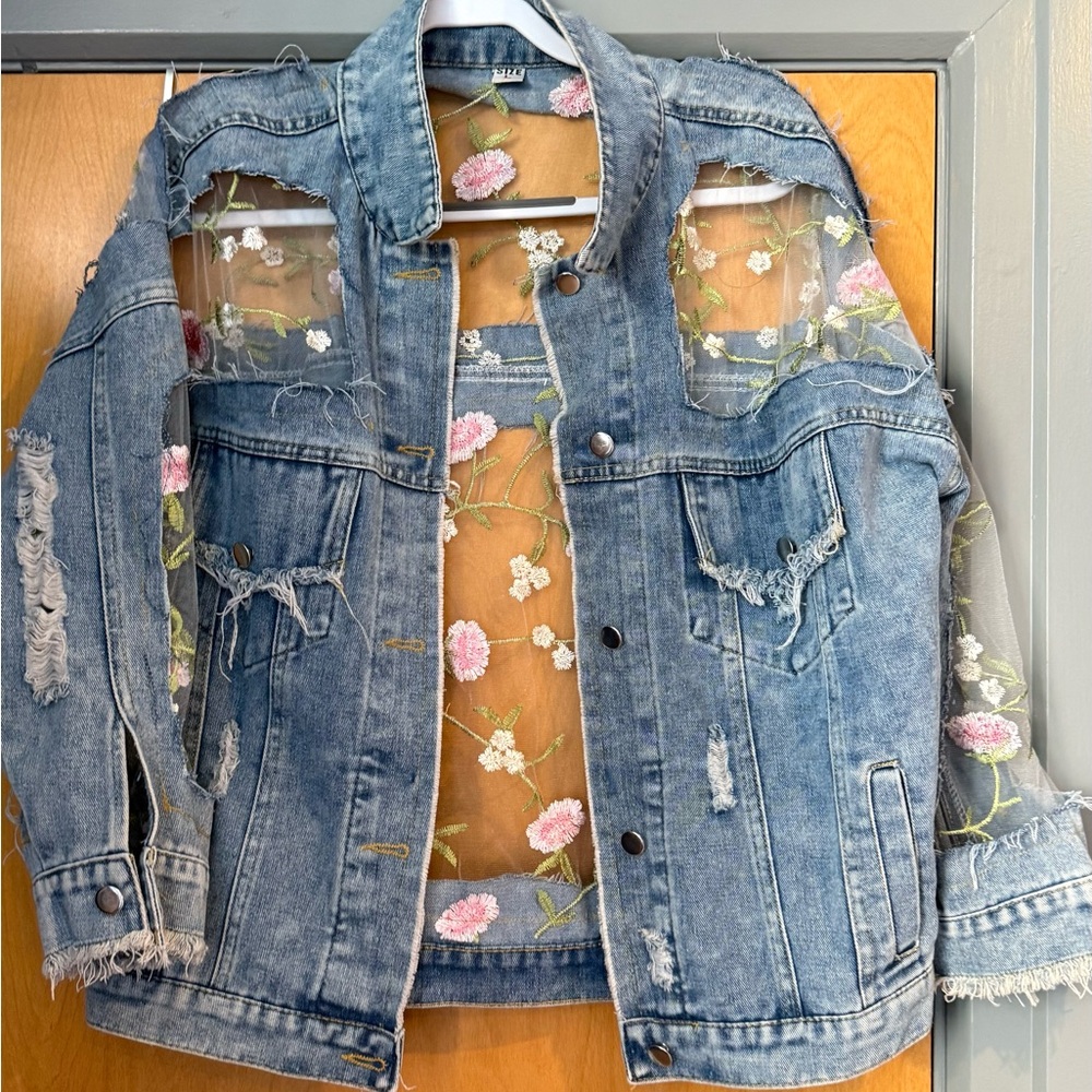 Embroidered Denim Jacket with Sheer Floral Details